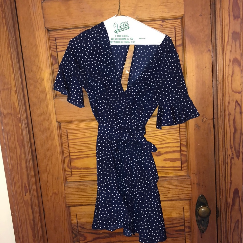 Blue polka dot dress with tie